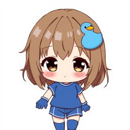 Anime-style illustration of a cute girl, featuring loose brown hair with a charming blue duck hair clip