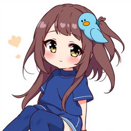 Anime-style illustration of a cute girl, featuring loose brown hair with a charming blue duck hair clip