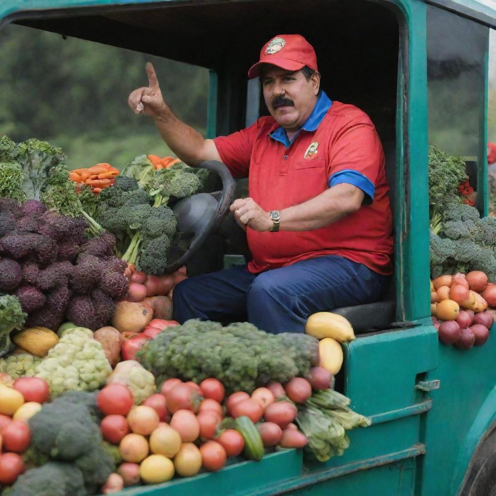 Venezuelan President Nicolás Maduro driving a truck filled with vibrant vegetables and fruits