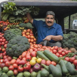 Venezuelan President Nicolás Maduro driving a truck filled with vibrant vegetables and fruits