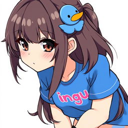 Anime-style illustration of a girl with dark brown eyes, slightly protruding fangs adding a mischievous charm, and loose brown hair adorned with a cute blue duck hair clip