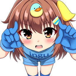 Anime-style illustration of a girl with dark brown eyes, slightly protruding fangs adding a mischievous charm, and loose brown hair adorned with a cute blue duck hair clip