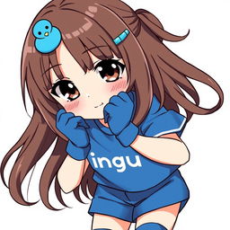 Anime-style illustration of a girl with dark brown eyes, slightly protruding fangs adding a mischievous charm, and loose brown hair adorned with a cute blue duck hair clip