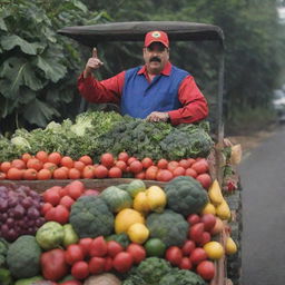 Venezuelan President Nicolás Maduro driving a truck filled with vibrant vegetables and fruits