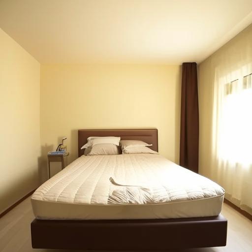 Create an image of a 20 feet by 15 feet room, featuring a large bed with a big window on the wall beside it, and another big window on an adjacent wall.