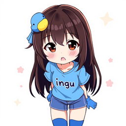 Anime-style illustration of a girl with dark brown eyes, slightly protruding fangs adding a mischievous charm, and loose brown hair adorned with a cute blue duck hair clip