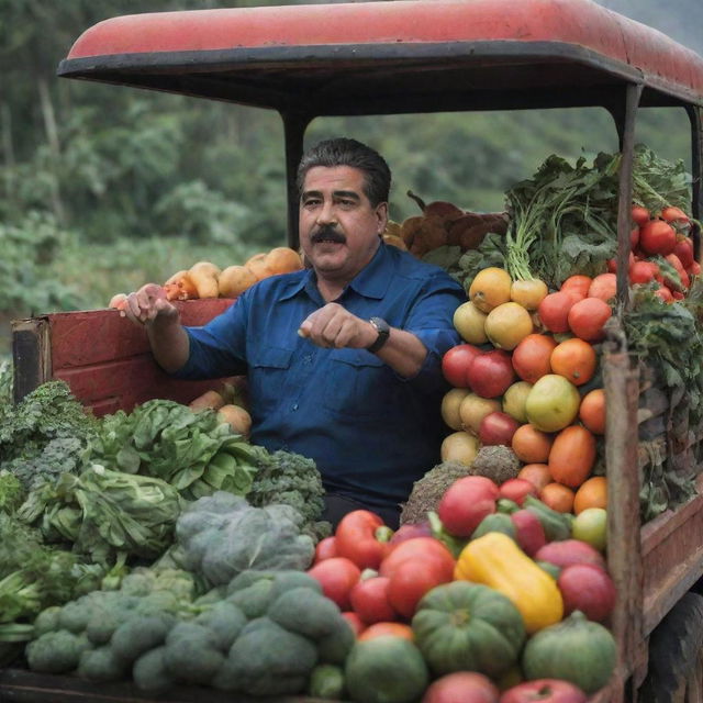 Venezuelan President Nicolás Maduro driving a truck filled with vibrant vegetables and fruits