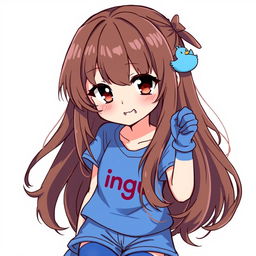 Anime-style illustration of a girl with dark brown eyes and slightly protruding fangs, adding a playful, mischievous vibe