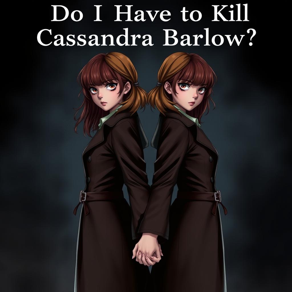 Two brown-haired girls who are killers holding hands, standing back-to-back