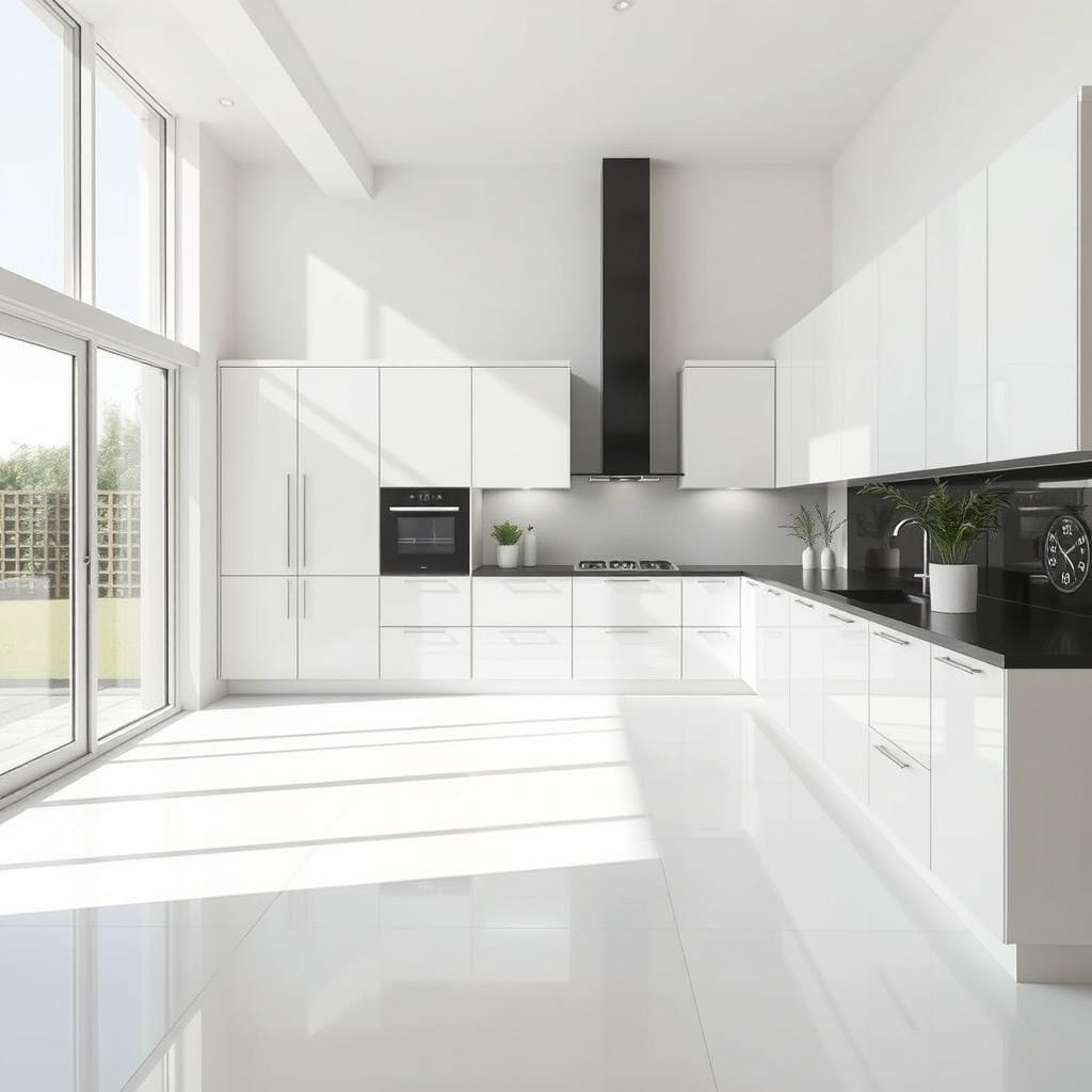 A minimalist kitchen with a bone white floor and a black countertop