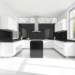 A minimalist kitchen with a bone white floor and a black countertop