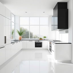 A minimalist kitchen with a bone white floor and a black countertop