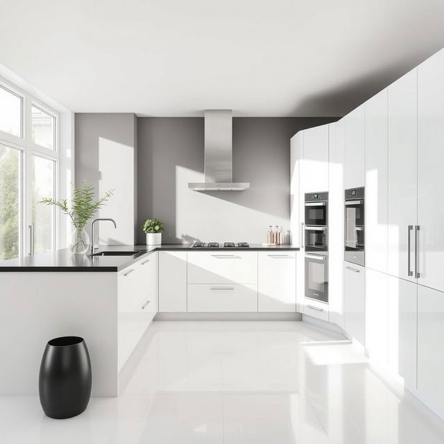 A minimalist kitchen with a bone white floor and a black countertop