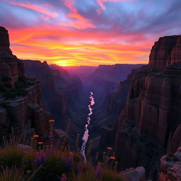 A spectacular sunset over the Grand Canyon, with vibrant hues of orange, pink, and purple reflected on the canyon walls