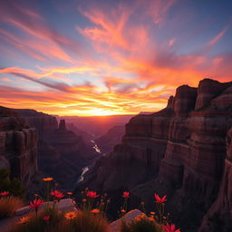 A spectacular sunset over the Grand Canyon, with vibrant hues of orange, pink, and purple reflected on the canyon walls