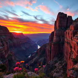 A spectacular sunset over the Grand Canyon, with vibrant hues of orange, pink, and purple reflected on the canyon walls