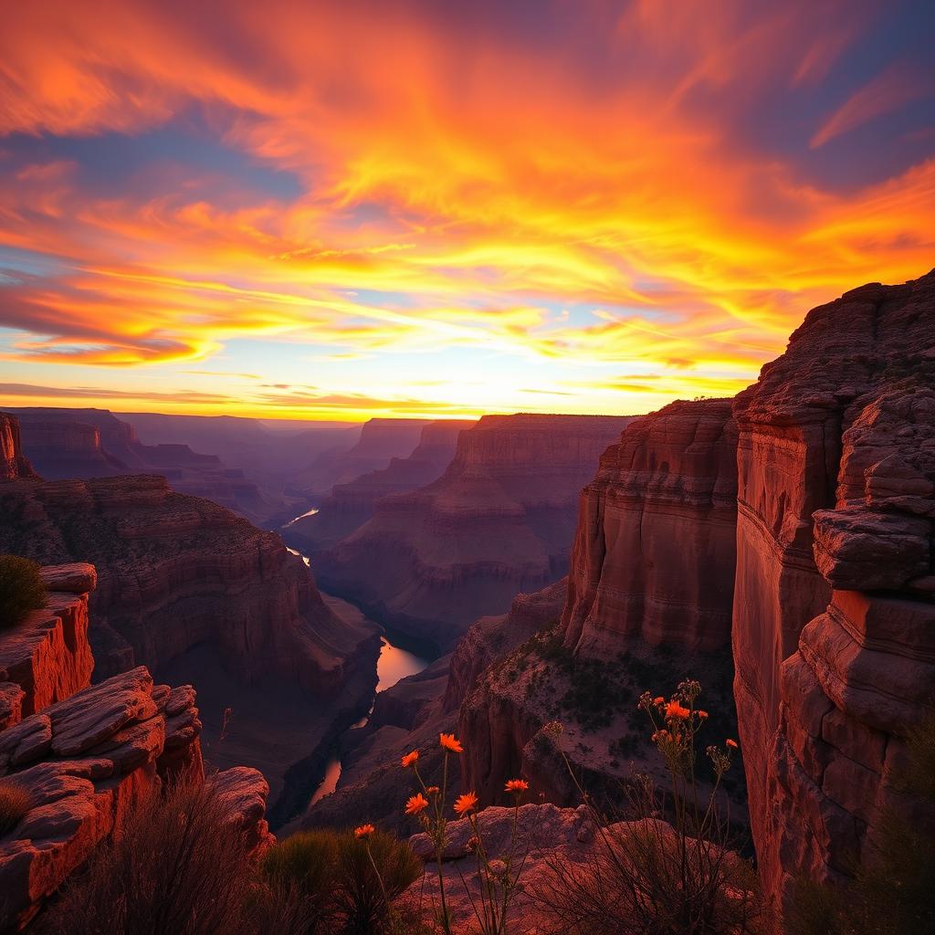 A spectacular sunset over the Grand Canyon, with vibrant hues of orange, pink, and purple reflected on the canyon walls