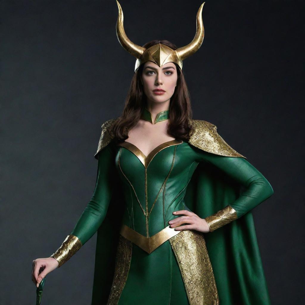 Anne Hathaway as Lady Loki, wearing a green and gold costume with a horned helmet, in a powerful and charismatic stance.