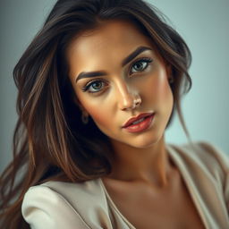 A close-up portrait featuring a woman with striking beauty, exuding confidence and style