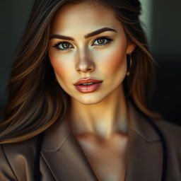 A close-up portrait featuring a woman with striking beauty, exuding confidence and style