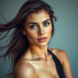 A close-up portrait featuring a woman with striking beauty, exuding confidence and style