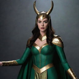 Anne Hathaway as Lady Loki, wearing a green and gold costume with a horned helmet, in a powerful and charismatic stance.