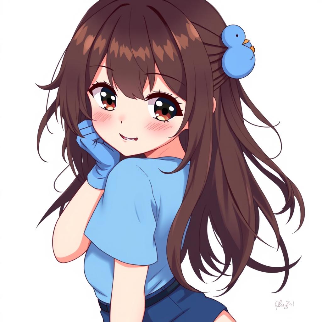 Anime-style illustration of a girl with dark brown eyes and slightly protruding fangs that give her a playful and mischievous look