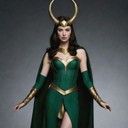 Anne Hathaway as Lady Loki, wearing a green and gold costume with a horned helmet, in a powerful and charismatic stance.