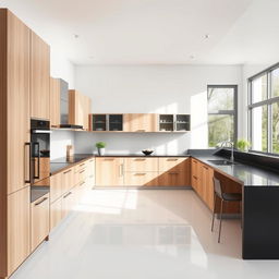 A minimalist kitchen with a bone white floor and a black countertop