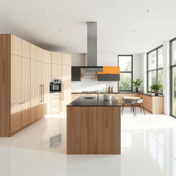 A minimalist kitchen with a bone white floor and a black countertop