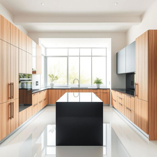 A minimalist kitchen with a bone white floor and a black countertop