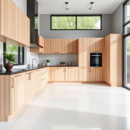 A minimalist kitchen with a bone white floor and a black countertop