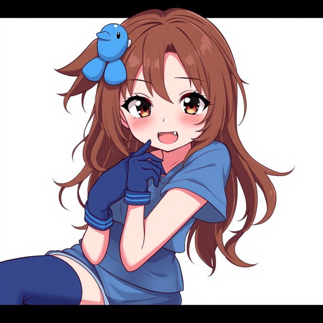 Anime-style illustration of a playful and mischievous girl with dark brown eyes and slightly protruding fangs