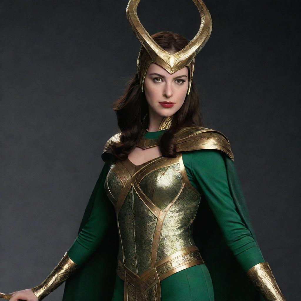 Anne Hathaway as Lady Loki, wearing a green and gold costume with a horned helmet, in a powerful and charismatic stance.