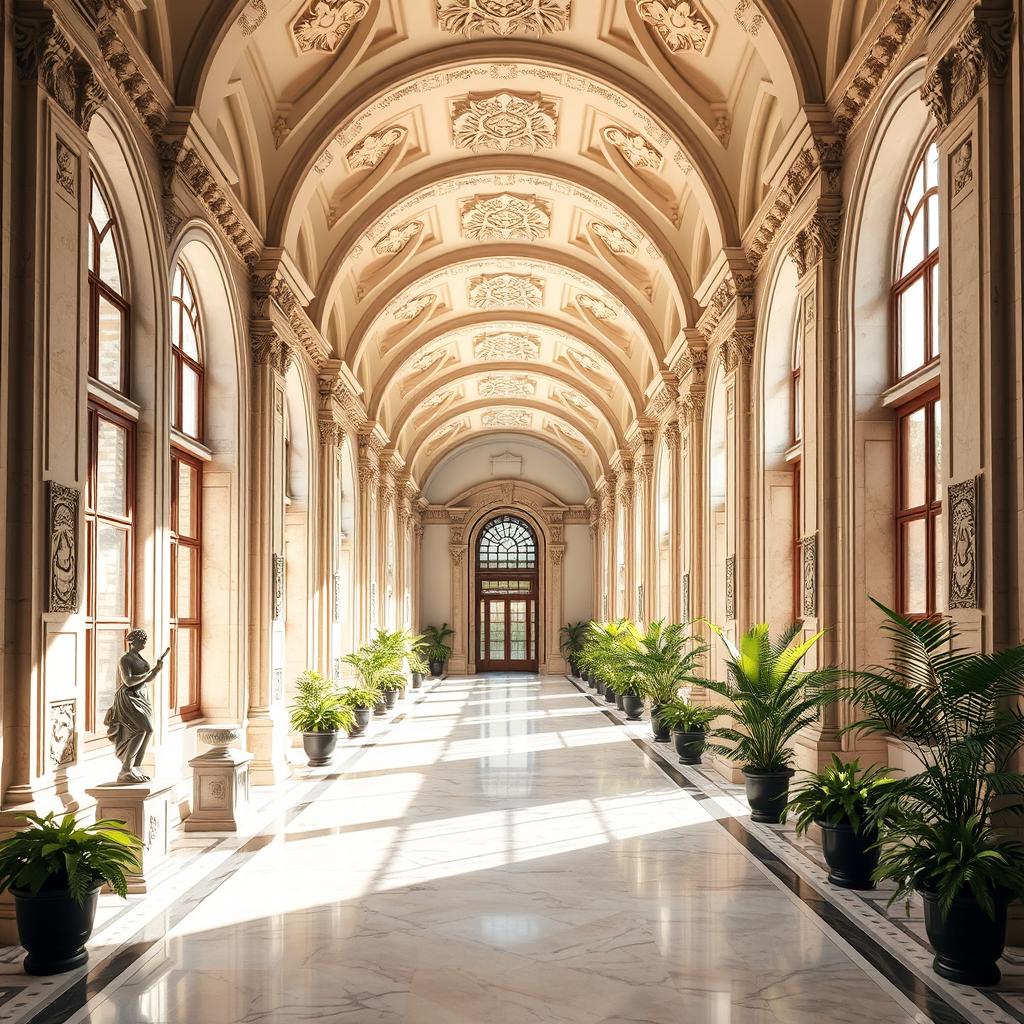 A stunningly beautiful broad open corridor with large structural arches, each intricately designed with carvings and patterns reminiscent of Baroque architecture