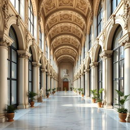 A stunningly beautiful broad open corridor with large structural arches, each intricately designed with carvings and patterns reminiscent of Baroque architecture