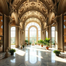 A stunningly beautiful broad open corridor with large structural arches, each intricately designed with carvings and patterns reminiscent of Baroque architecture