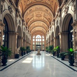 A stunningly beautiful broad open corridor with large structural arches, each intricately designed with carvings and patterns reminiscent of Baroque architecture