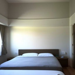 Create an image of a 20 feet by 15 feet room, featuring a large bed with a big window on the wall beside it, and another big window on an adjacent wall.
