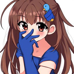 Anime-style illustration of a girl with dark brown eyes and slightly protruding fangs, adding a playful and mischievous element to her character