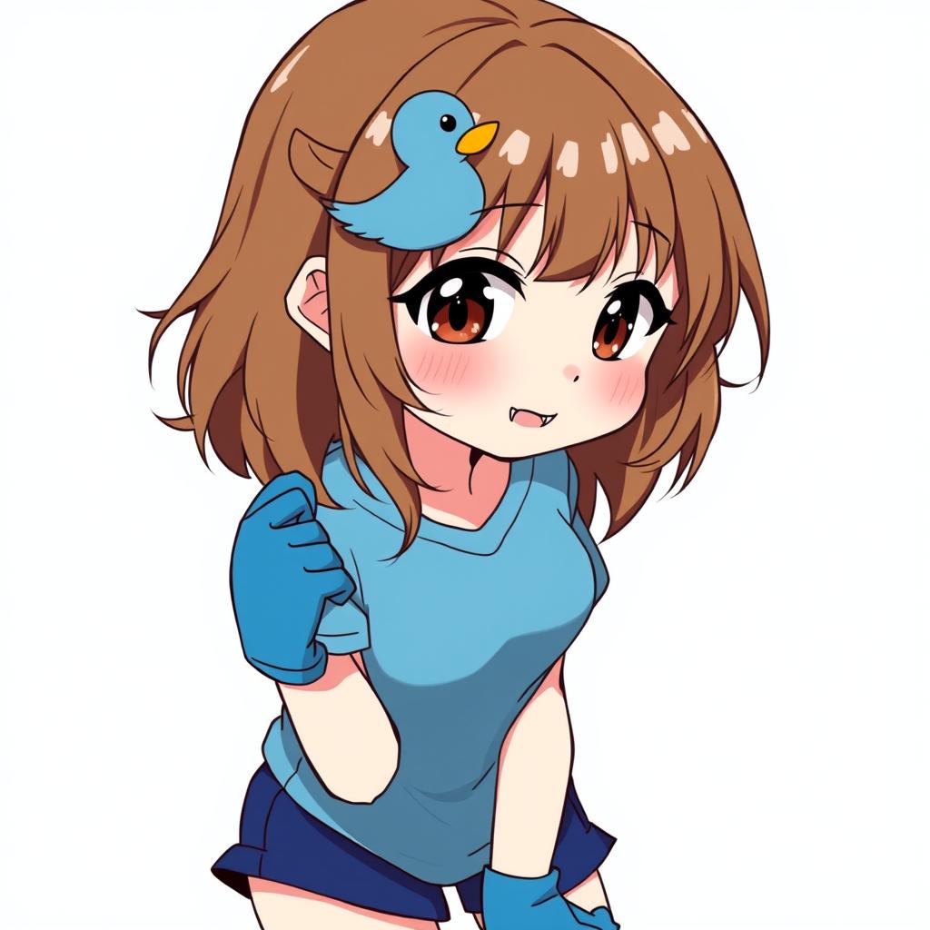 Anime-style illustration of a girl with dark brown eyes and slightly protruding fangs, adding a playful edge to her character