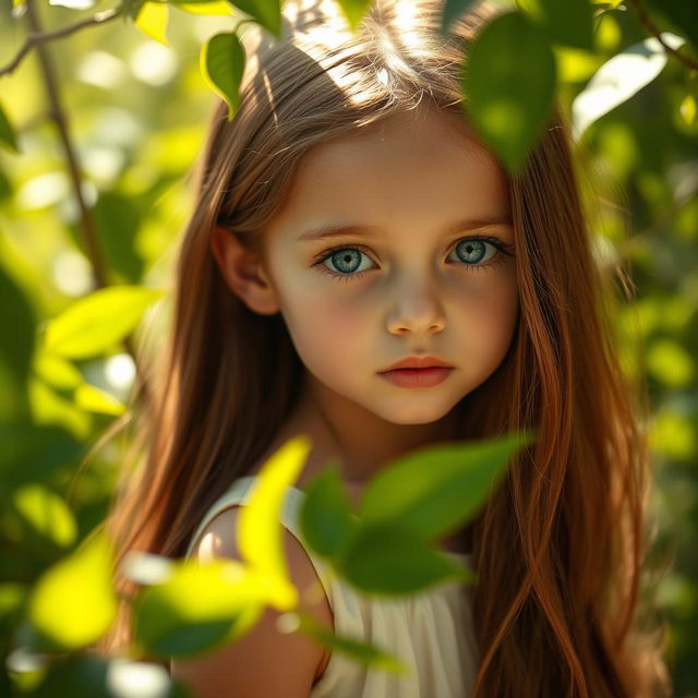 A girl with long, flowing brown hair and striking blue eyes, standing in a serene environment, surrounded by soft sunlight filtering through lush green leaves