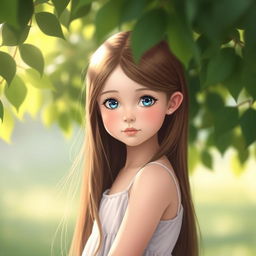 A girl with long, flowing brown hair and striking blue eyes, standing in a serene environment, surrounded by soft sunlight filtering through lush green leaves