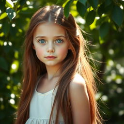 A girl with long, flowing brown hair and striking blue eyes, standing in a serene environment, surrounded by soft sunlight filtering through lush green leaves