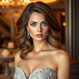 A woman with voluminous brown hair cascading over her shoulders and captivating blue eyes, exuding confidence and elegance