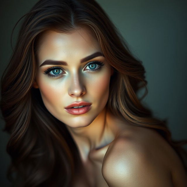 A woman with luxurious brown hair and enchanting blue eyes, posing elegantly in a tastefully artistic composition