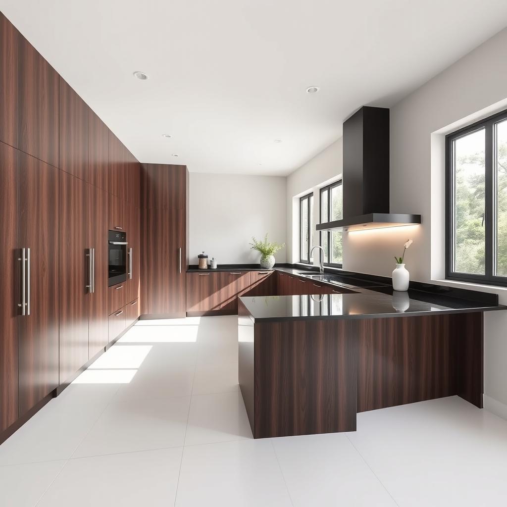 A medium-sized minimalist L-shaped kitchen with a bone white floor and a black countertop