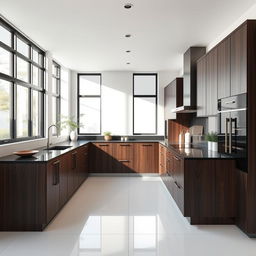 A medium-sized minimalist L-shaped kitchen with a bone white floor and a black countertop