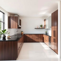 A medium-sized minimalist L-shaped kitchen with a bone white floor and a black countertop