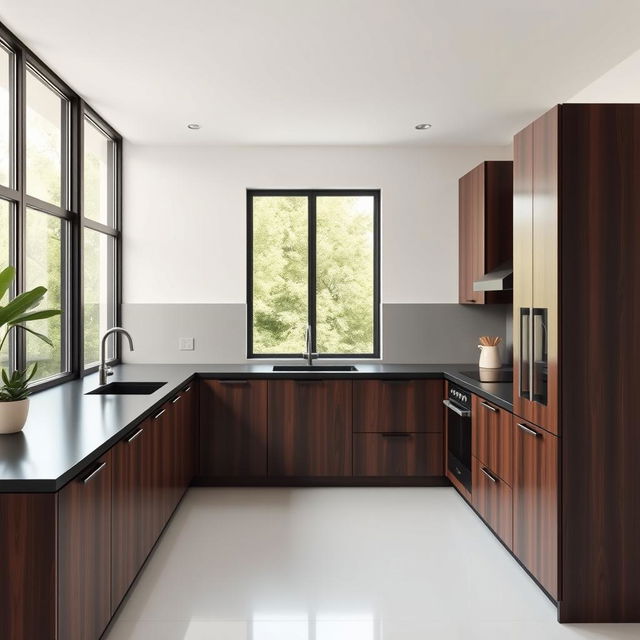 A medium-sized minimalist L-shaped kitchen with a bone white floor and a black countertop